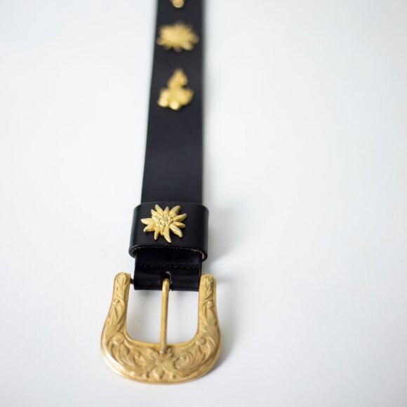 Vintage Birth-Gramm Black Wide Leather Belt Featuring Gold Suns & Iris Flowers main image 5